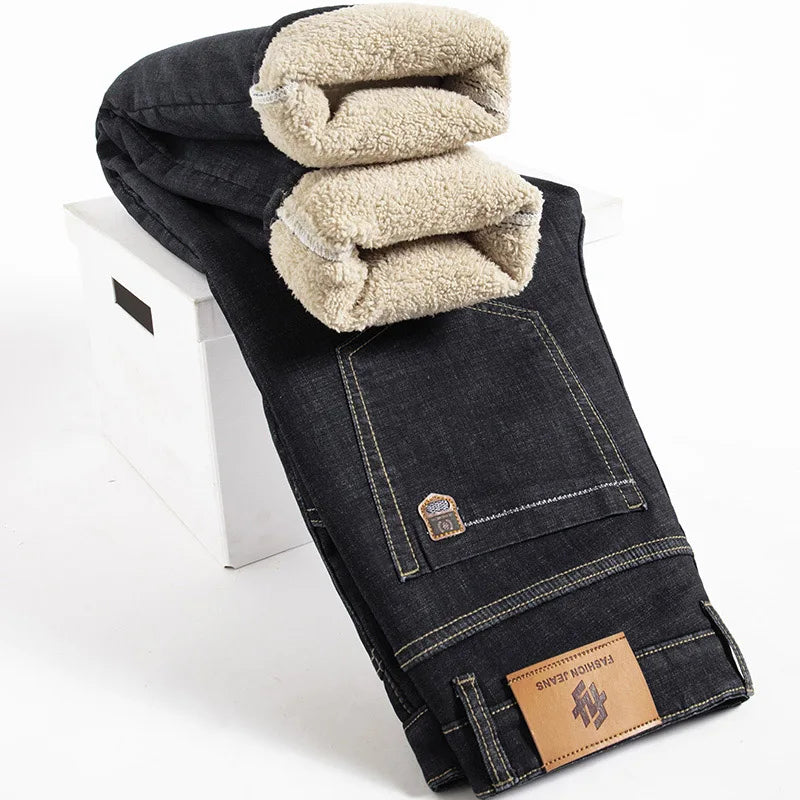 Winter Lamb Fluff Denim Straight Pants Men Thicken Big Size 40 Jeans