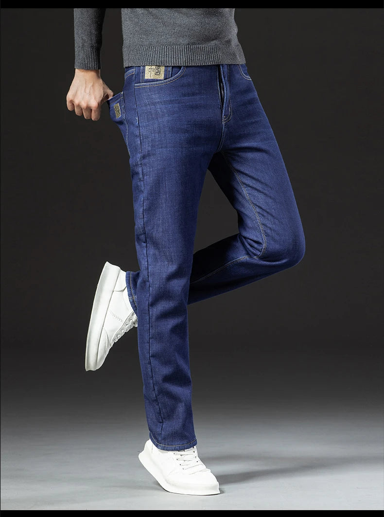Winter Lamb Fluff Denim Straight Pants Men Thicken Big Size 40 Jeans