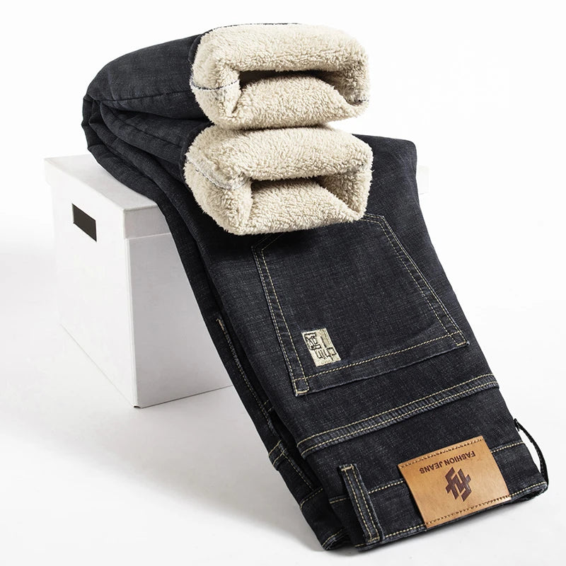Winter Lamb Fluff Denim Straight Pants Men Thicken Big Size 40 Jeans