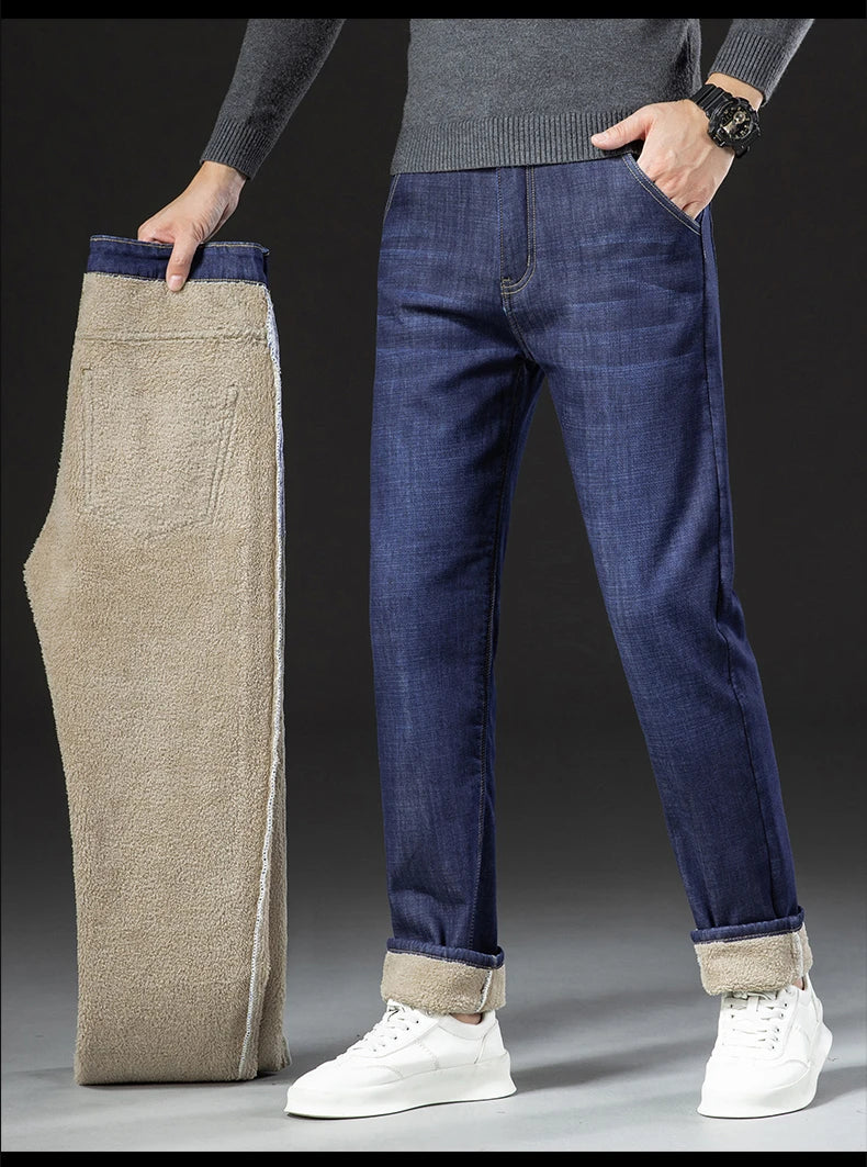 Winter Lamb Fluff Denim Straight Pants Men Thicken Big Size 40 Jeans