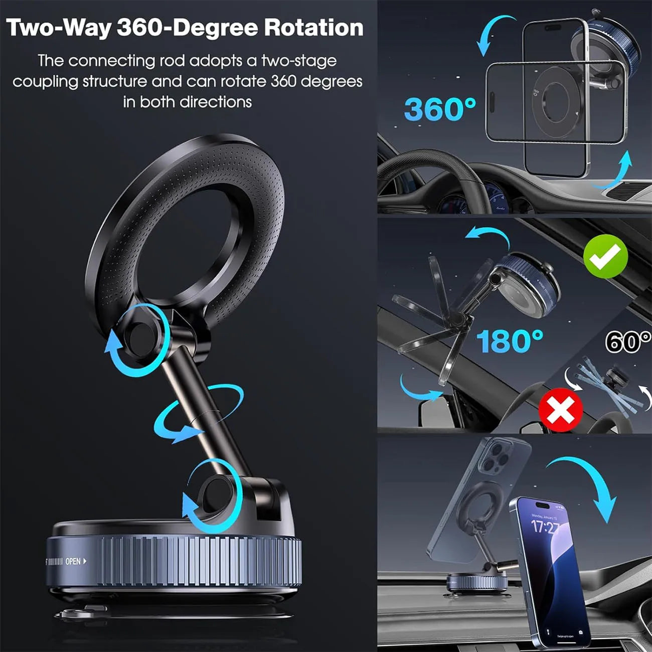 Vacuum magnetic phone holder, Magsafe suction cup phone holder, 360 ° adjustable magnetic phone holder, pocket sized foldable