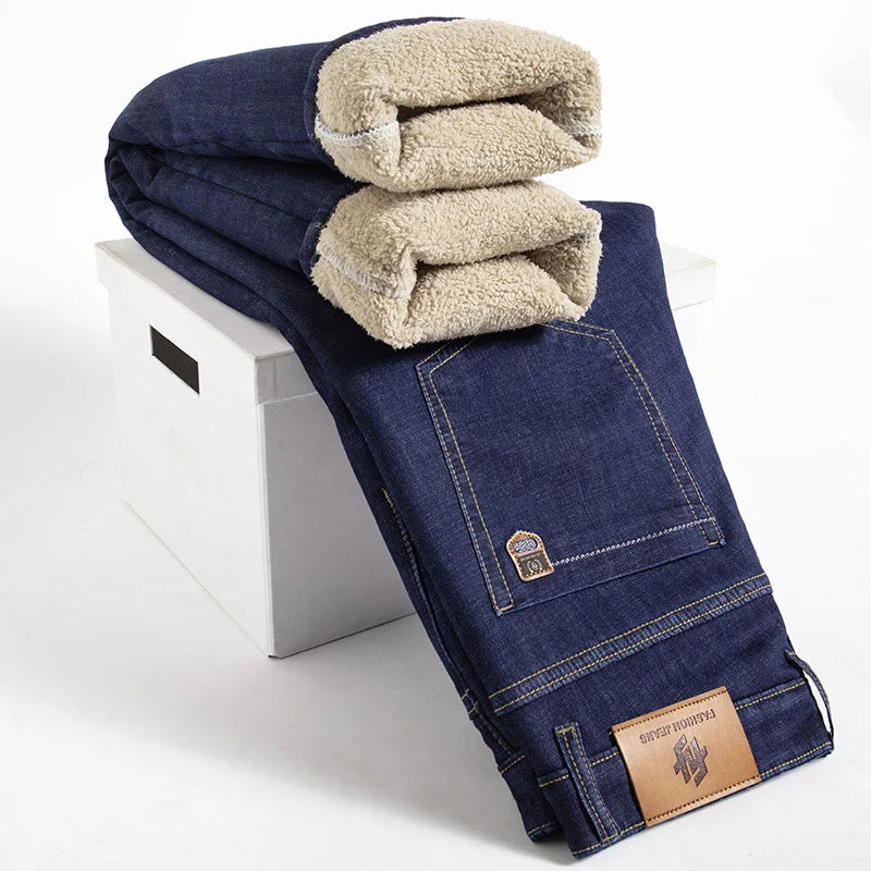 Winter Lamb Fluff Denim Straight Pants Men Thicken Big Size 40 Jeans