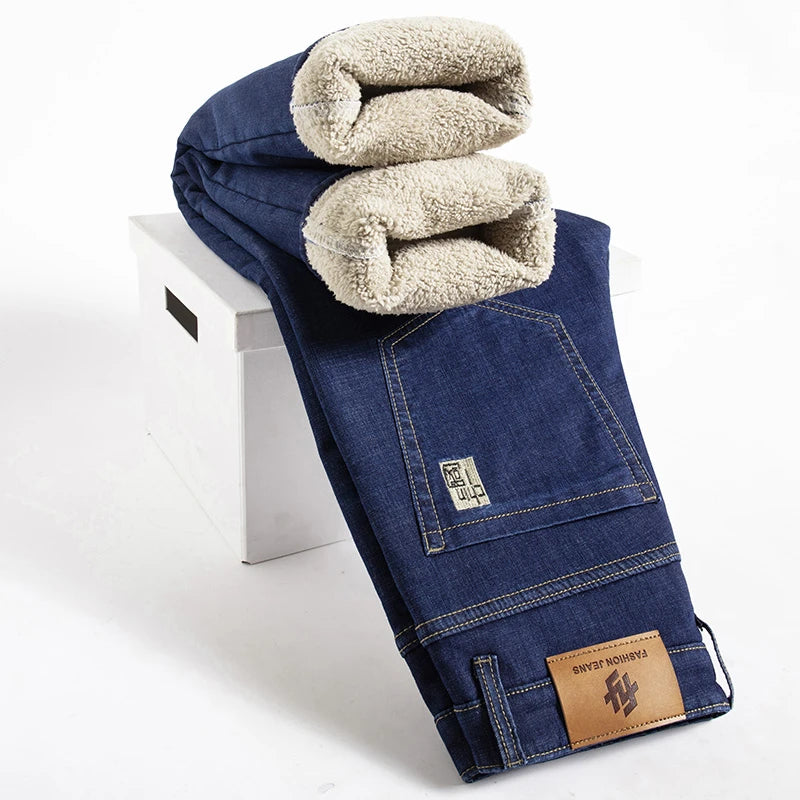 Winter Lamb Fluff Denim Straight Pants Men Thicken Big Size 40 Jeans