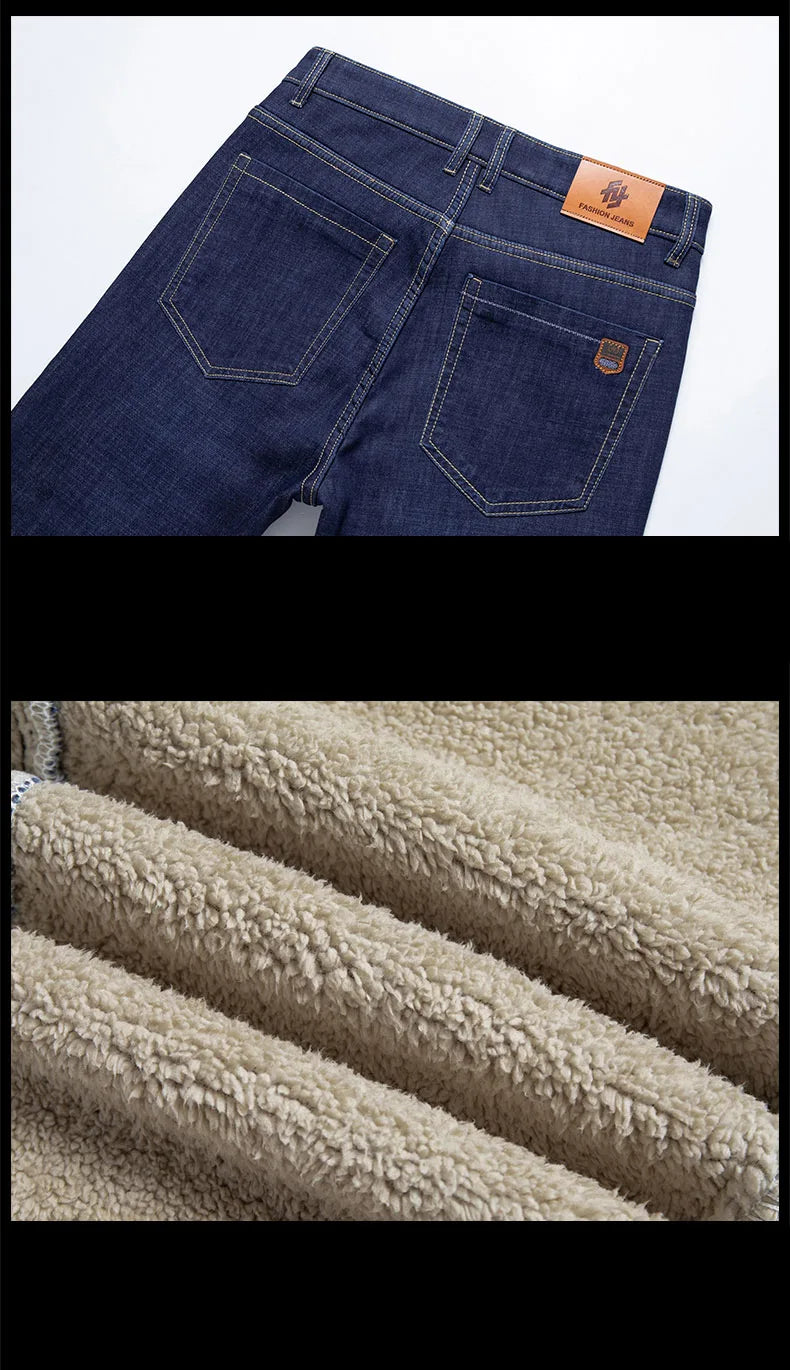 Winter Lamb Fluff Denim Straight Pants Men Thicken Big Size 40 Jeans