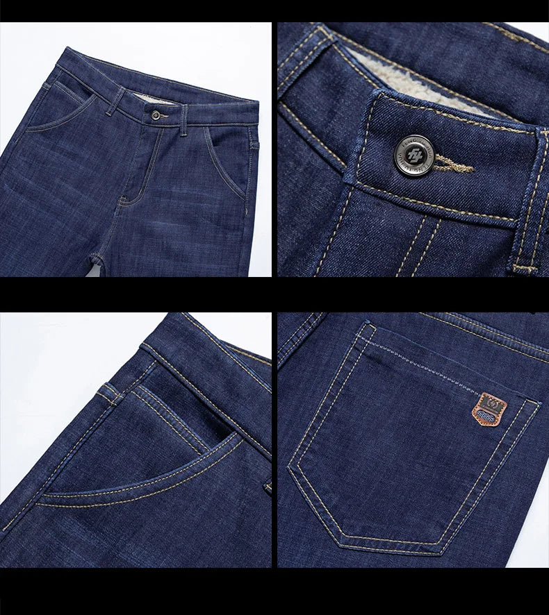 Winter Lamb Fluff Denim Straight Pants Men Thicken Big Size 40 Jeans